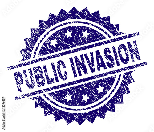 PUBLIC INVASION stamp seal watermark with distress style. Blue vector rubber print of PUBLIC INVASION label with scratched texture.