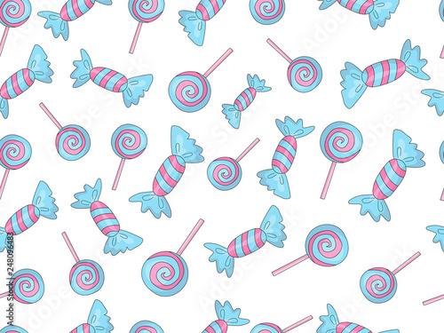 Funny cute cartoon seamless pattern with sweet blue and pink candies, stars and decoration. Endless cute pattern with sweet candy on white background. Blue candies wrapped and colored vector seamless