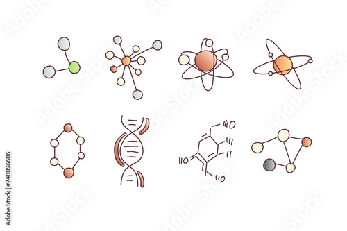 Cute cartoon molecule and atom icon set. Atomic and molecular illustration. Structure of molecula and atom with electron orbit, proton and scheme of DNA, Molecule model line cartoon set. Structure of
