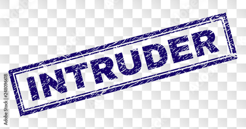 INTRUDER stamp seal print with grunge style and double framed rectangle shape. Stamp is placed on a transparent background. Blue vector rubber print of INTRUDER title with dust texture.