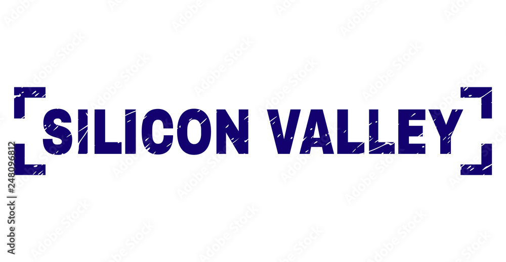 SILICON VALLEY title seal print with grunge effect. Text title is placed between corners. Blue vector rubber print of SILICON VALLEY with grunge texture.