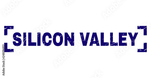 SILICON VALLEY title seal print with grunge effect. Text title is placed between corners. Blue vector rubber print of SILICON VALLEY with grunge texture.