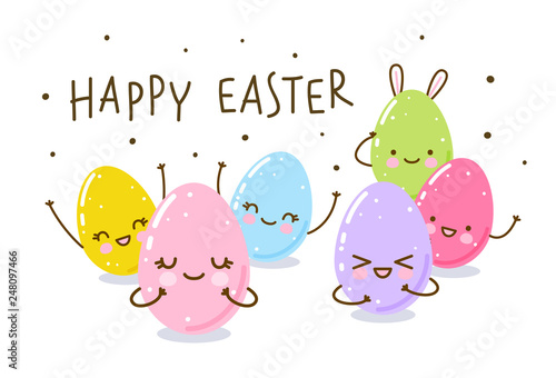 Easter greeting card with cute happy eggs