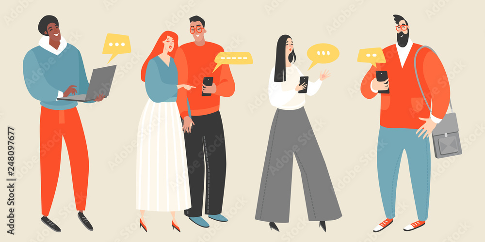Collection of vector illustrations of young people chatting in messenger using phones or laptops