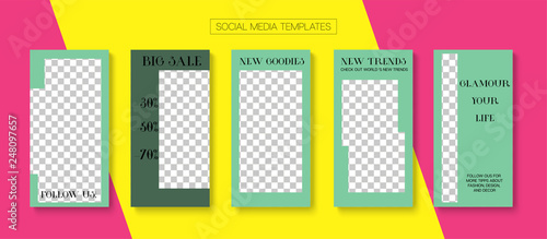 Editable Stories Minimal Vector Layout. Social Media Like and Share, Trends, Sale -50 Photo Frames Kit. Sale Insta Stories Layout