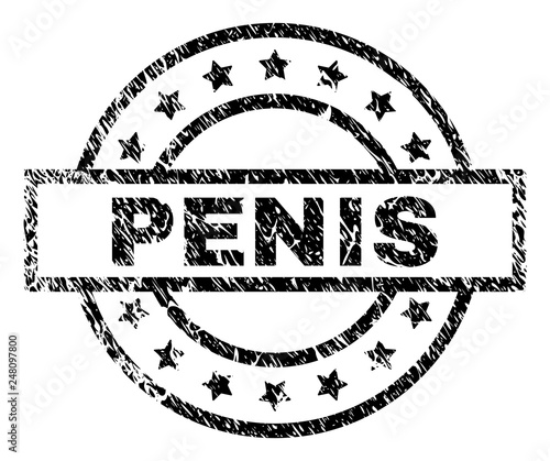 PENIS stamp seal watermark with distress style. Designed with rectangle, circles and stars. Black vector rubber print of PENIS tag with dust texture.