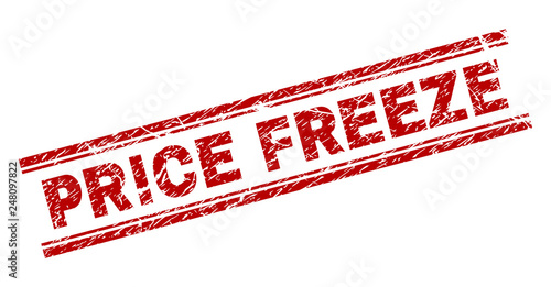 PRICE FREEZE seal watermark with corroded texture. Red vector rubber print of PRICE FREEZE tag with scratched texture. Text tag is placed between double parallel lines.