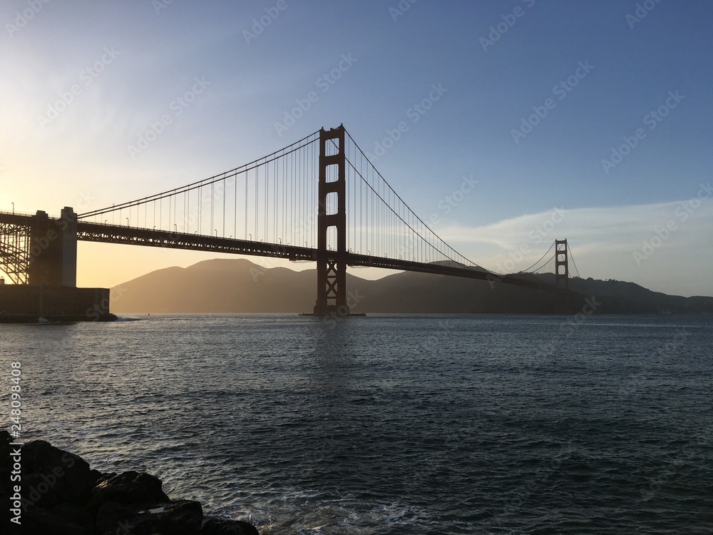 Golden Gate Bridge at sunset.
