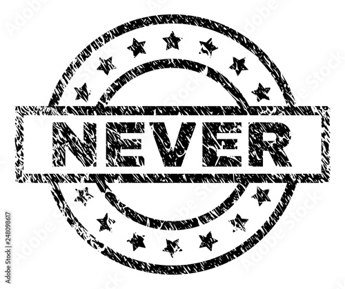 NEVER stamp seal watermark with distress style. Designed with rectangle, circles and stars. Black vector rubber print of NEVER tag with dirty texture.