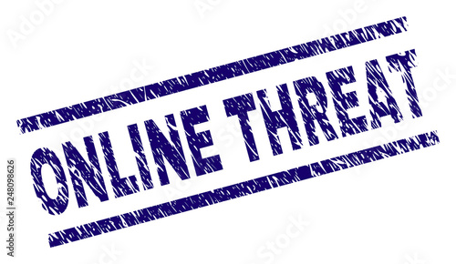 ONLINE THREAT seal print with scratced style. Blue vector rubber print of ONLINE THREAT tag with unclean texture. Text tag is placed between parallel lines.