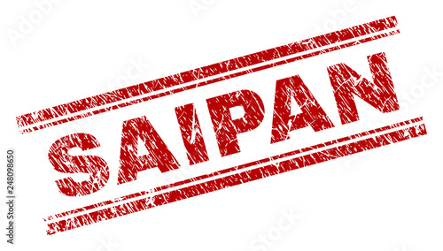 SAIPAN seal print with distress texture. Red vector rubber print of SAIPAN text with retro texture. Text title is placed between double parallel lines.