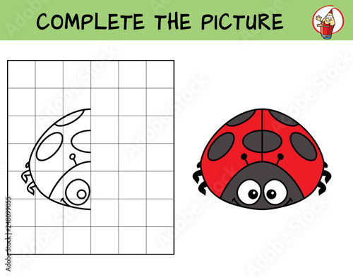 Complete the picture of a ladybug. Copy the picture. Coloring book. Educational game for children. Cartoon vector illustration