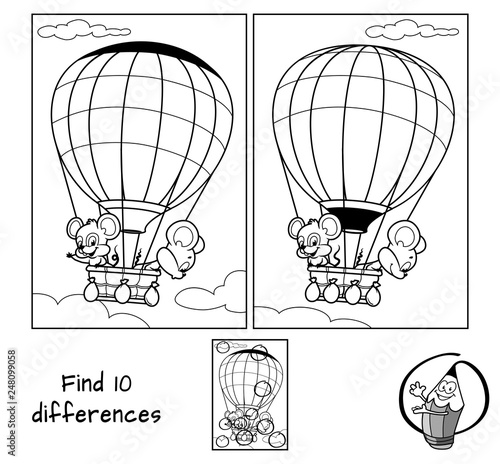 Two little mice are traveling in a hot air balloon. Find 10 differences. Educational game for children. Black and white cartoon vector illustration