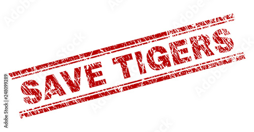 SAVE TIGERS seal print with grunge texture. Red vector rubber print of SAVE TIGERS caption with dirty texture. Text caption is placed between double parallel lines.