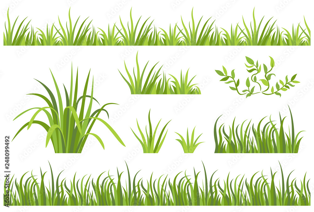 Fototapeta premium Green grass seamless pattern. Set of vector illustrations with grass border and icons in flat style isolated on white background.