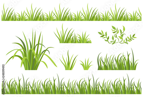 Green grass seamless pattern. Set of vector illustrations with grass border and icons in flat style isolated on white background.