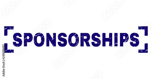 SPONSORSHIPS title seal print with grunge texture. Text caption is placed between corners. Blue vector rubber print of SPONSORSHIPS with unclean texture.