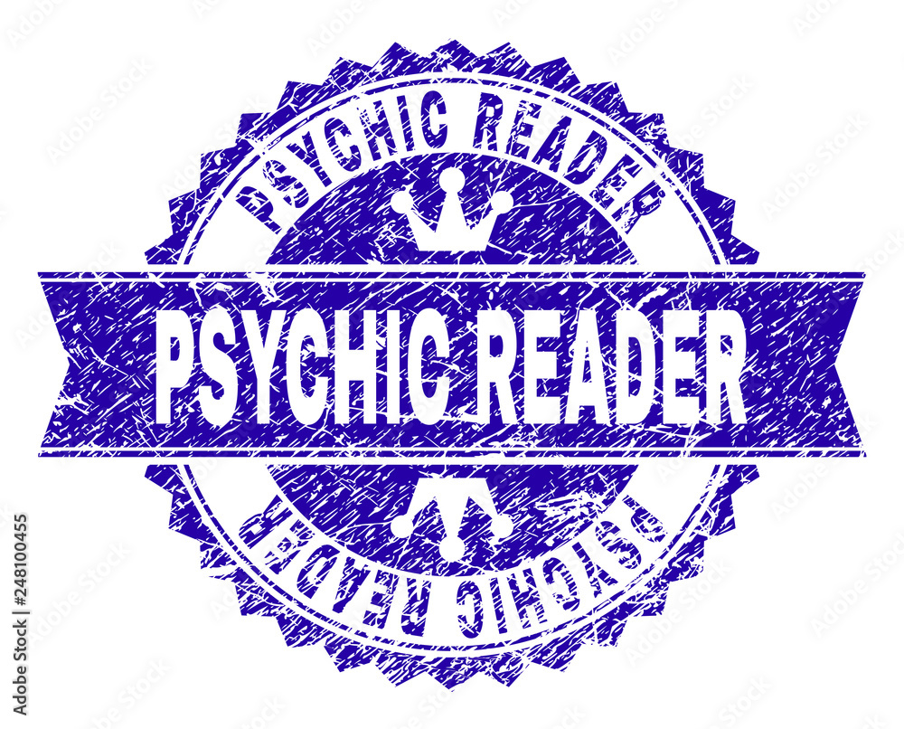 PSYCHIC READER rosette stamp watermark with grunge style. Designed with round rosette, ribbon and small crowns. Blue vector rubber watermark of PSYCHIC READER title with dirty style. PSYCHIC READER rosette stamp watermark with grunge style. Designed with round rosette, ribbon and small crowns. Blue vector rubber watermark of PSYCHIC READER title with dirty style.