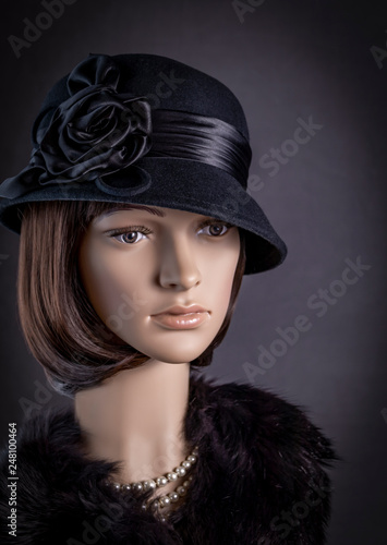 1920's Mannequin Head with Black Wool Hat, Fur Collar & Pearls © Karen