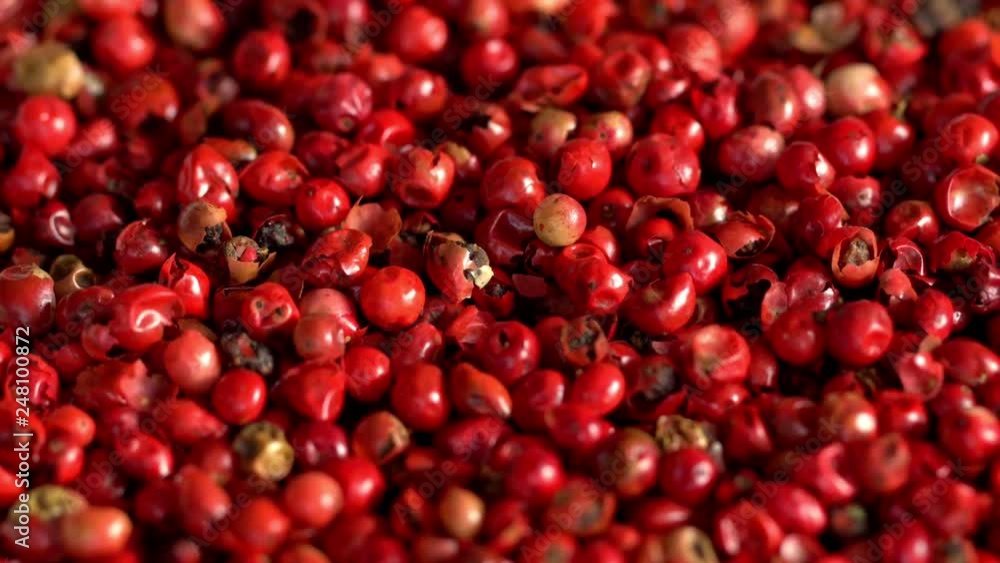 Pink pepper peas. Close up.The movement in a shot. Pink pepper peas. Close up.The movement in a shot.