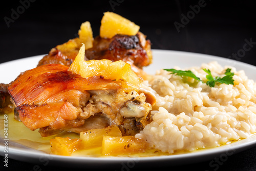 Chinese food - chicken meat with ricea and pineapple photo