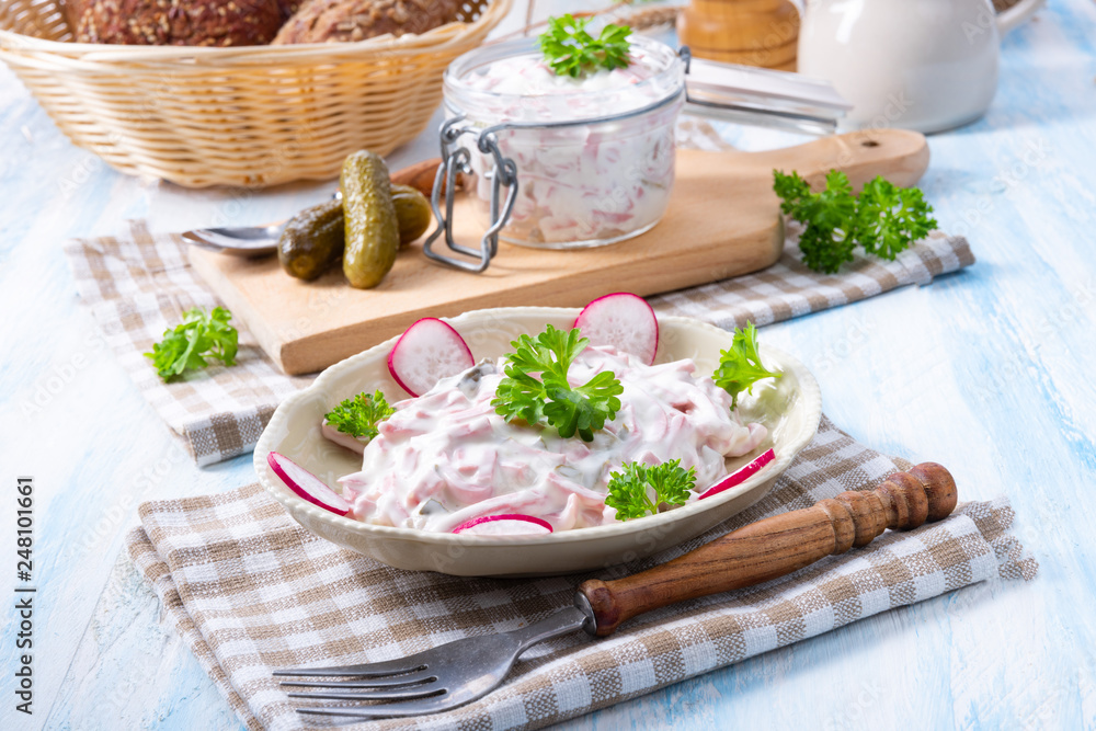 delicious homemade meat salad with mayonnaise and cucumber delicious homemade meat salad with mayonnaise and cucumber