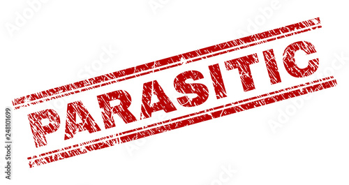 PARASITIC seal print with grunge texture. Red vector rubber print of PARASITIC tag with dirty texture. Text label is placed between double parallel lines.