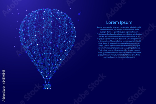 Air ballon to fly in the sky from futuristic polygonal blue lines and glowing stars for banner, poster, greeting card. Vector illustration.