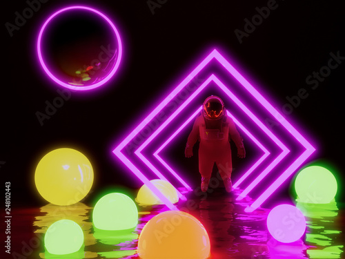 astronaut  and neon ball light background , 3d render