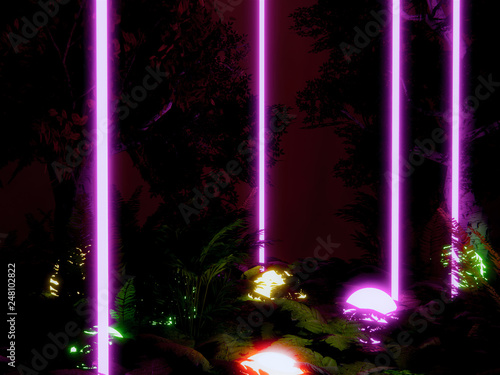 line neon light in tropical background 3d render