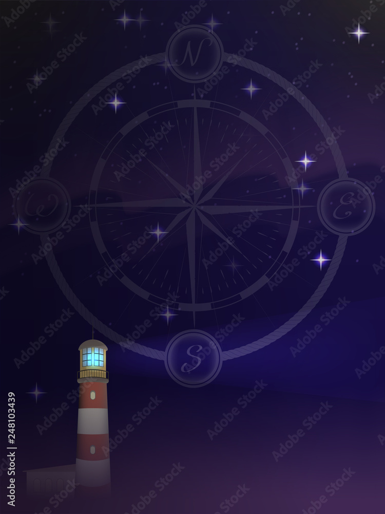 old lighthouse with a beam of light against the starry sky. background ...