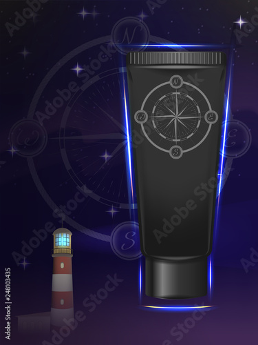 black cosmetic tube with shining blue edges. background of starry sky and lighthouse. a symbol of Maritime navigational compass. design of cosmetic products