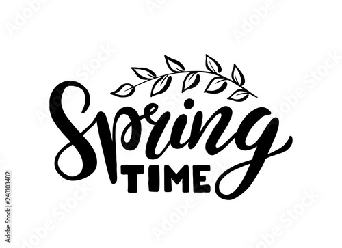 Hand sketched Spring time text with leaves as logotype, badge and icon. Postcard, card, invitation, flyer, banner template. Lettering typography isolated on white background. Vector illustration