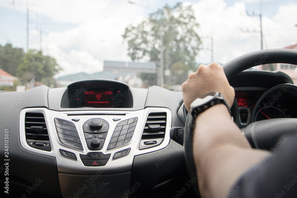 safety concept of self driving cars. Man driving to work. safety concept of self driving cars. Man driving to work.