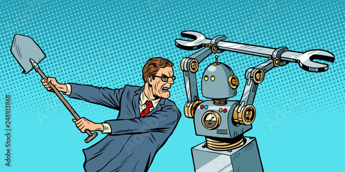 man fights with a robot