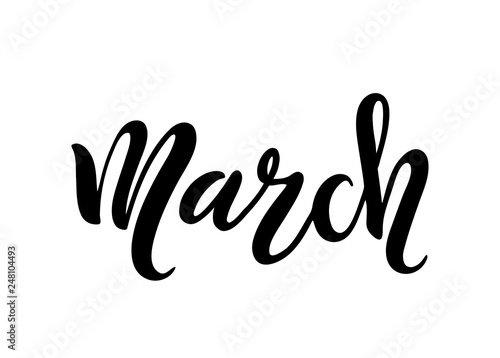 Hand sketched march text as logotype, badge and icon. Postcard, card, invitation,flyer, banner template. Lettering typography isolated on white background. Spring Vector illustration