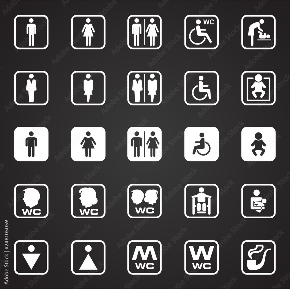 Restroom icons set on black background for graphic and web design, Modern simple vector sign. Internet concept. Trendy symbol for website design web button or mobile app Restroom icons set on black background for graphic and web design, Modern simple vector sign. Internet concept. Trendy symbol for website design web button or mobile app