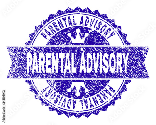 PARENTAL ADVISORY rosette stamp seal overlay with distress style. Designed with round rosette, ribbon and small crowns. Blue vector rubber watermark of PARENTAL ADVISORY caption with retro style.