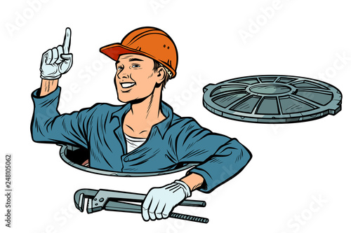 gesture attention. Plumber in the manhole