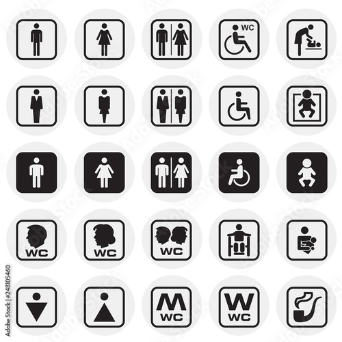 Restroom icons set on circles background for graphic and web design, Modern simple vector sign. Internet concept. Trendy symbol for website design web button or mobile app