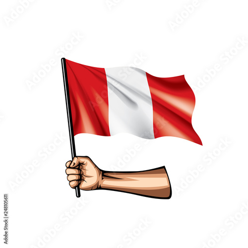 Peru flag and hand on white background. Vector illustration