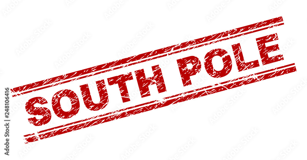 SOUTH POLE seal print with distress texture. Red vector rubber print of SOUTH POLE text with scratched texture. Text tag is placed between double parallel lines. SOUTH POLE seal print with distress texture. Red vector rubber print of SOUTH POLE text with scratched texture. Text tag is placed between double parallel lines.