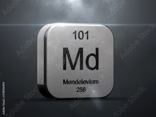 Mendelevium element 101 from the periodic table. Metallic futuristic icon 3D rendered with nice lens flare