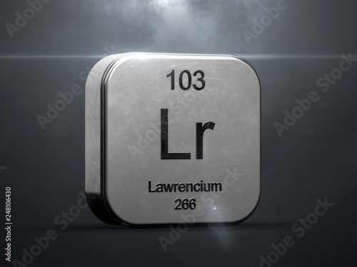 Lawrencium element 103 from the periodic table. Metallic futuristic icon 3D rendered with nice lens flare