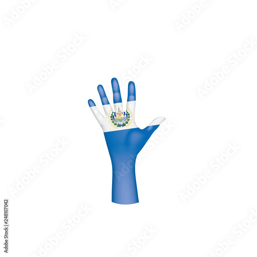 Salvador flag and hand on white background. Vector illustration