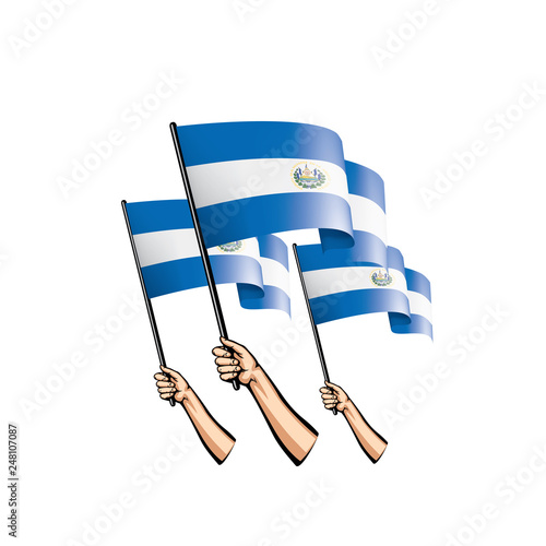 Salvador flag and hand on white background. Vector illustration