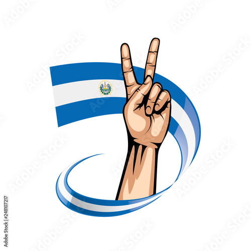 Salvador flag and hand on white background. Vector illustration