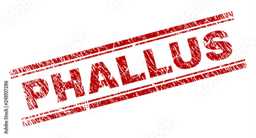 PHALLUS seal imprint with grunge texture. Red vector rubber print of PHALLUS text with retro texture. Text label is placed between double parallel lines.