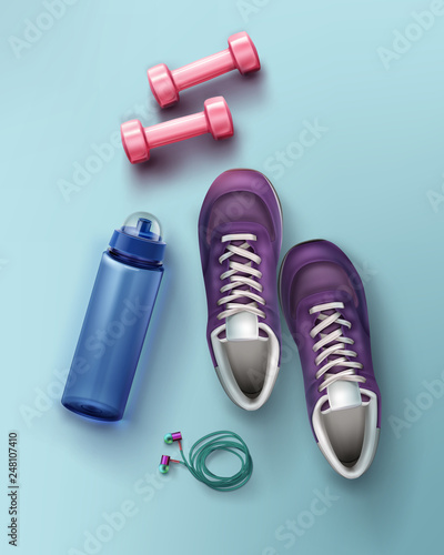 Vector flat lay illustration of sneakers, dumbbells, water bottle and headphones for fitness and equipment concept