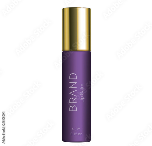 Cosmetic product for lip skin care realistic vector. Purple plastic tube or stick with golden cap and hygienic lipstick or balm inside, isolated on white background. Brand design for premium cosmetics